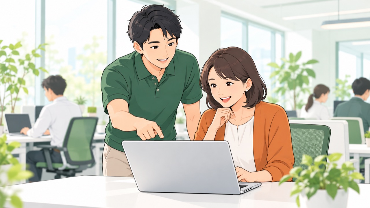 講師が社員さんの席の隣で、ノートパソコンを使ってAIの使い方を教えている様子