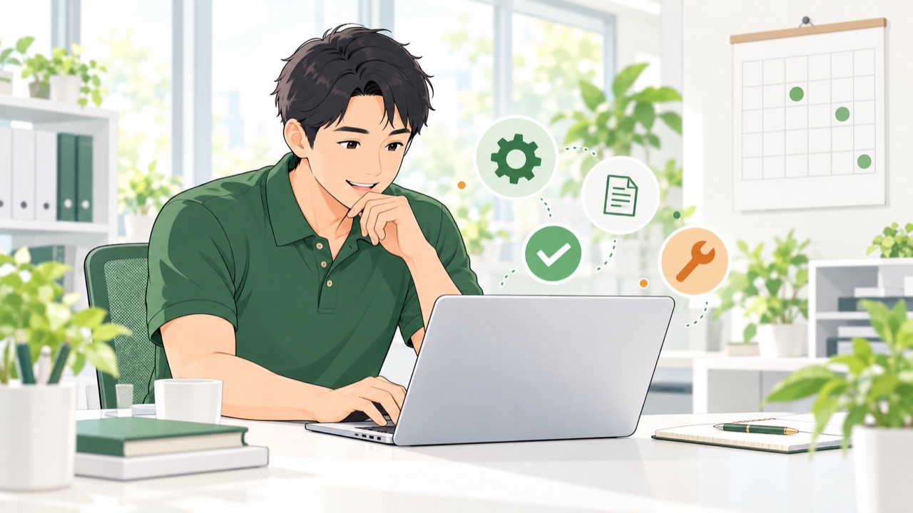 講師が会社のパソコンでAIの設定を点検・手直ししている様子。壁のカレンダーには月3回の訪問日の印